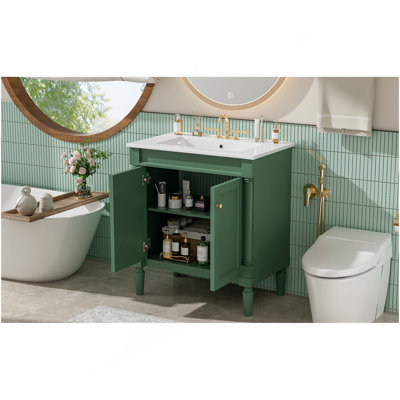 Armoire de meuble-lavabo 30 po avec lavabo en céramique 30 po, armoire de rangement avec portes à fermeture douce et pieds en bois