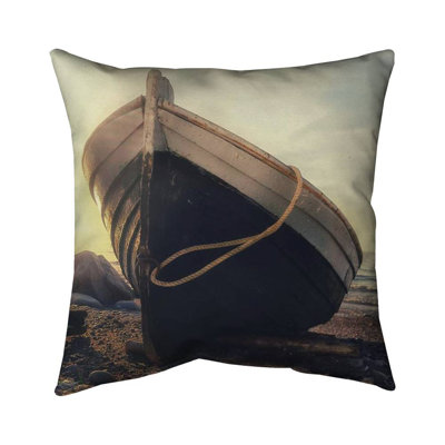Rowboat at the water's edge - 16"x16" Outdoors Throw pillow - Spun poly - Print on demand