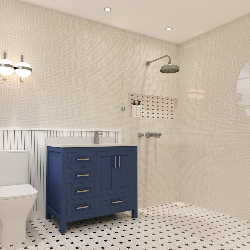 Rooh 36 Bathroom Vanity Set with White Quartz Countertop and Brass Faucet, Navy Blue