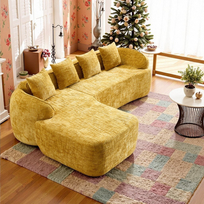 Canapé modulaire en L en chenille avec coussins décoratifs, Chenille jaune