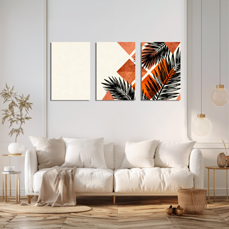 Feuilles de palmier tropicales et art mural sur toile à motif géométrique orange, style bohème moderne (ensemble de 3)