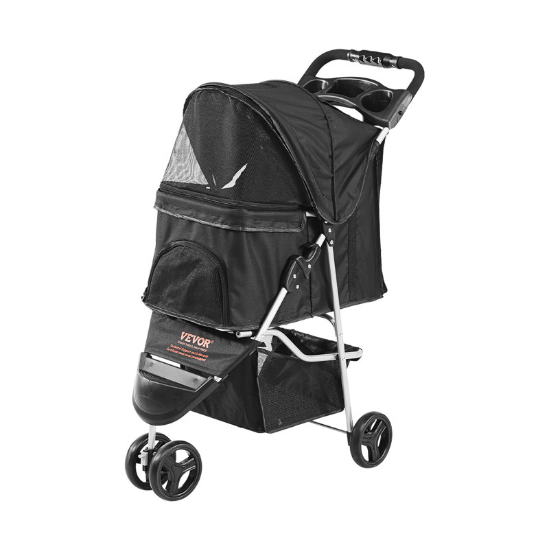 Black 3-Wheel Folding Pet Stroller with Storage Basket