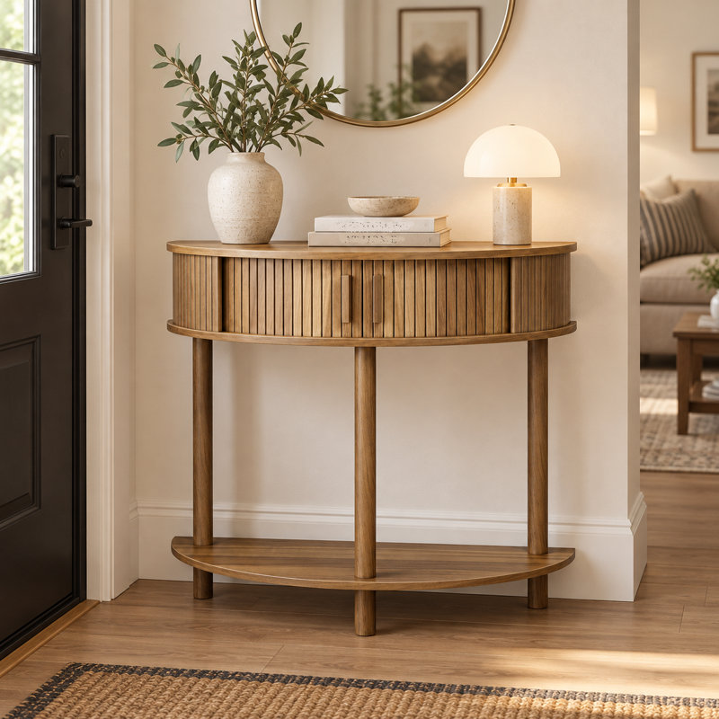 Console en demi-lune de 80 cm de large avec tablette de rangement et pieds en bois massif, table d'entrée moderne