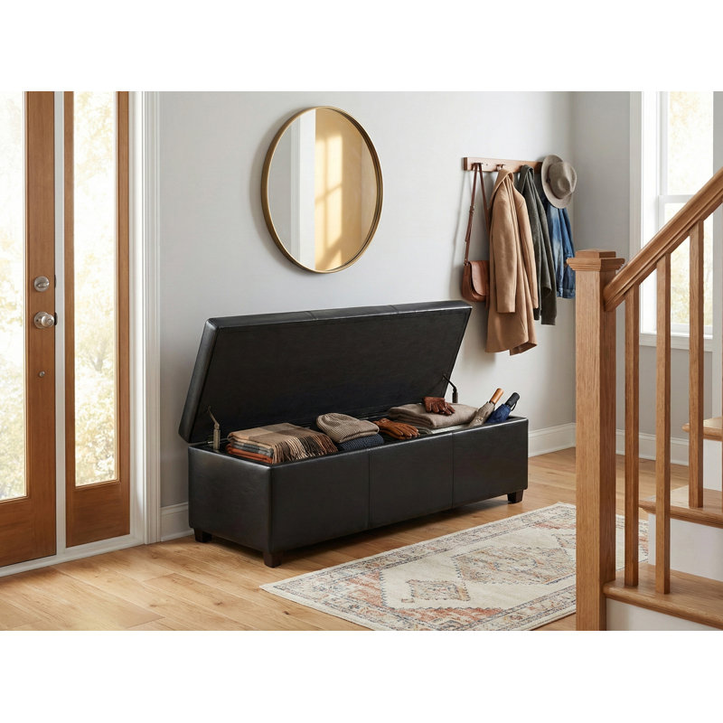 Avalon 54"W Upholstered Vegan Leather Contemporary Rectangular Lift-Top Storage Ottoman Bench with Hidden Storage, Black