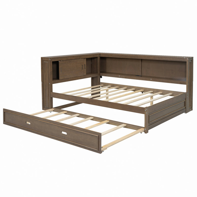 Lit de jour en bois avec tablettes de rangement, USB, DEL et lit gigogne