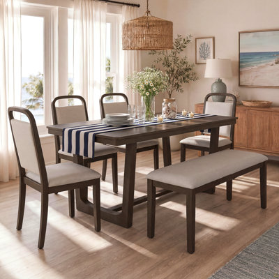 Ensemble de table de salle à manger 6 pièces, table de cuisine de ferme avec 4 chaises rembourrées et 1 banc, sièges pour 6, ensemble de salle à manger rectangulaire pour la salle à manger, cuisine (brun)