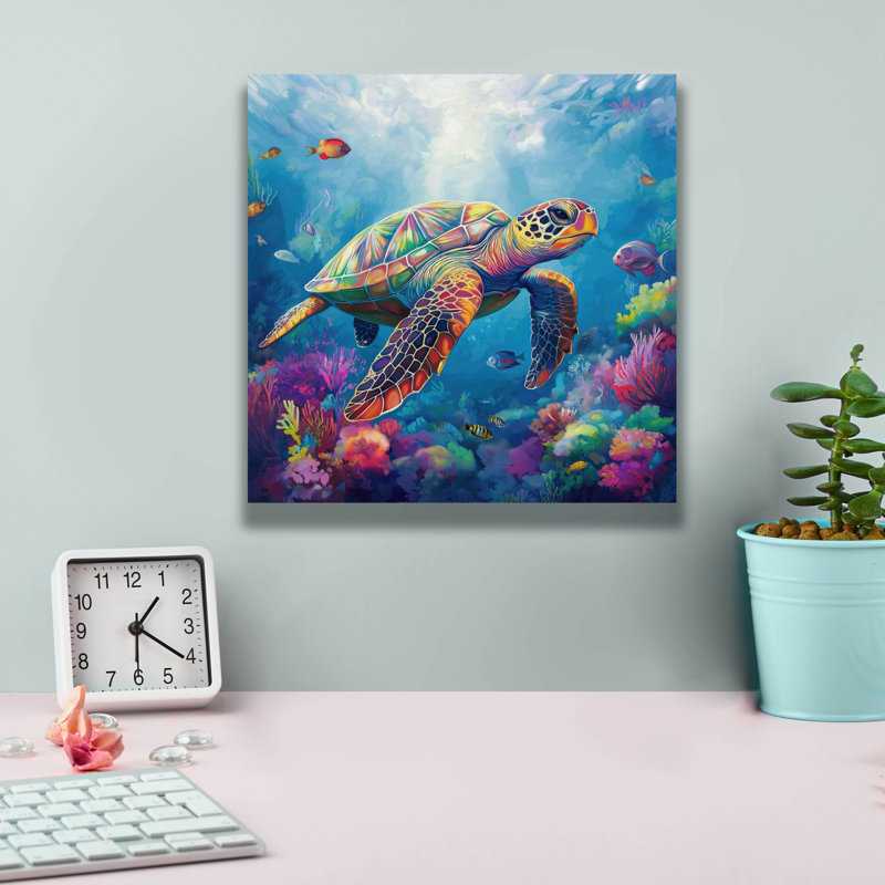 «Turtle In Corals» par Rich Monet, art mural sur toile, H 12 po x l 12 po x P 0,75 po