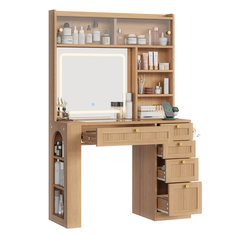 Makeup Vanity Desk With 5 Drawers, All-in-one Vanity With 3-color Lighted Mirror, Charging Station, Hair-dryer Holder, 8 Shelves For Bedroom