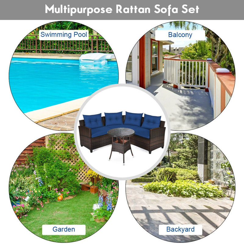 Cilegon 4 - Person Patio Conversation Sets with Cushions, Navy