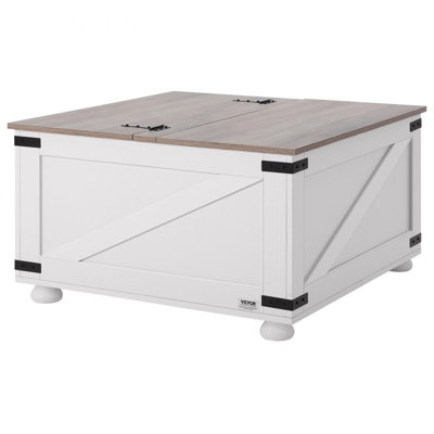 Table basse 31,5 "Farmhouse, table basse carrée à couvercle relevable avec compartiment de rangement, table basse rustique en bois pour salon, chambre à coucher, appartement, studio, gris et blanc