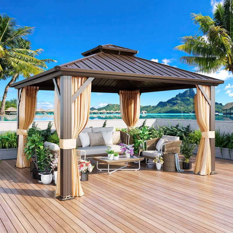 Pavillon de jardin en aluminium à toit rigide EROMMY, toit en acier galvanisé double, pavillon permanent toutes saisons, auvent extérieur avec rideaux et filet, conçu pour le spa, la terrasse, la cour arrière