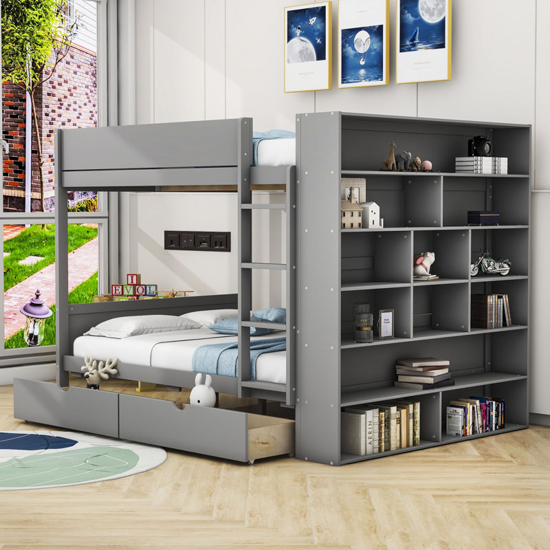 Aleiah Kids Twin Bunk Bed with Drawers, Full over Full, Gray