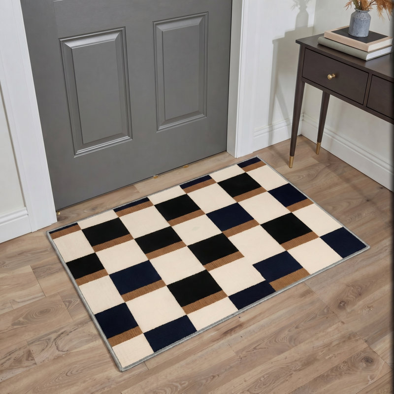 Liadan Monochrome Checkered Machine Washable Biege / Brown / Black Indoor Area Rug with Non-Slip Backing, Rectangle 9' x 12'