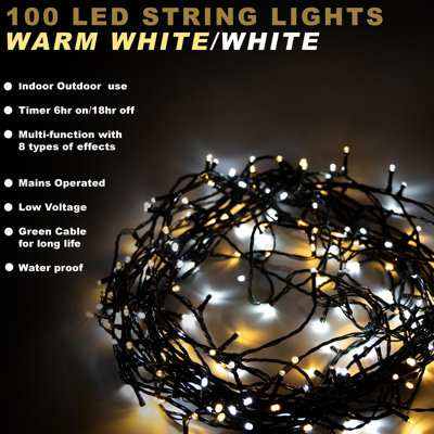 LED Warm and Cool White Christmas String Lights, Multifunction 8 Mode, UK Plug, Indoor and Outdoor Use