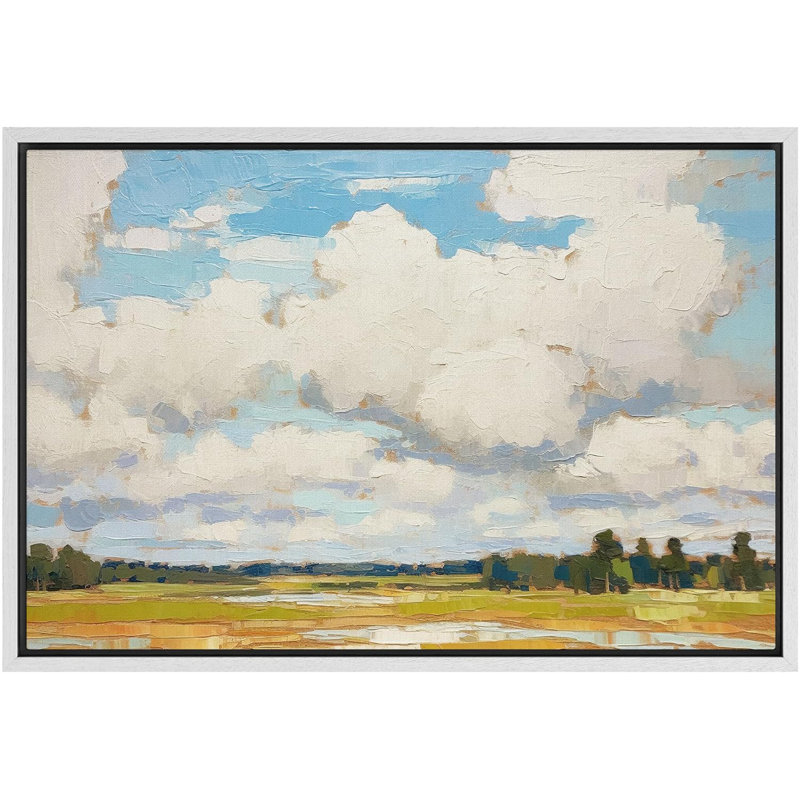 «Clouds Cloudy Sky Green Forest Meadow», impression botanique moderne sur toile, Cadre flottant blanc