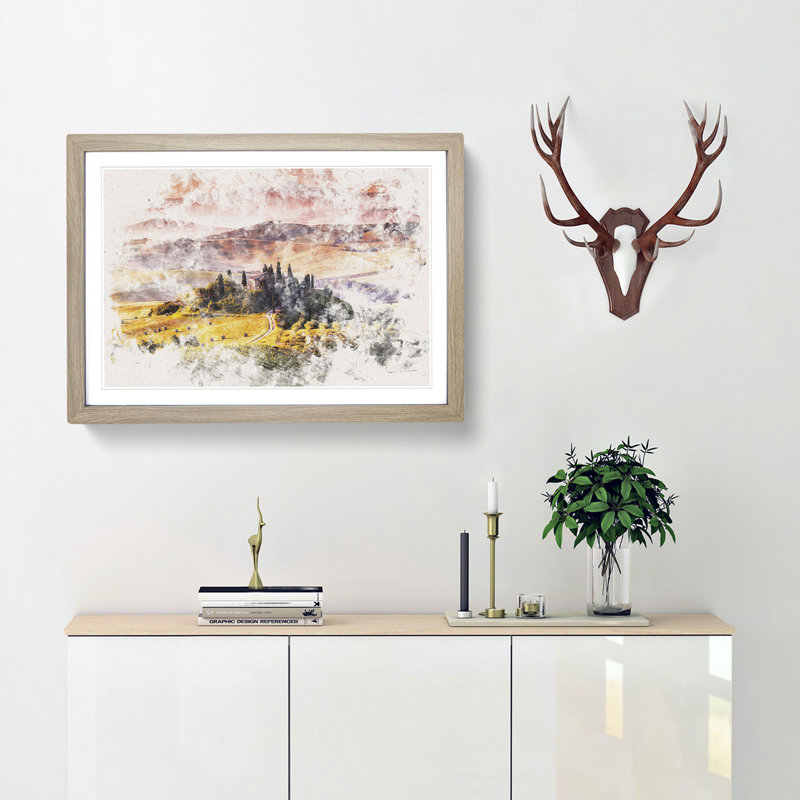 View Over Tuscany In Italy Watercolour - Framed Print, 35cm H x 50cm W x 2cm D, Oak