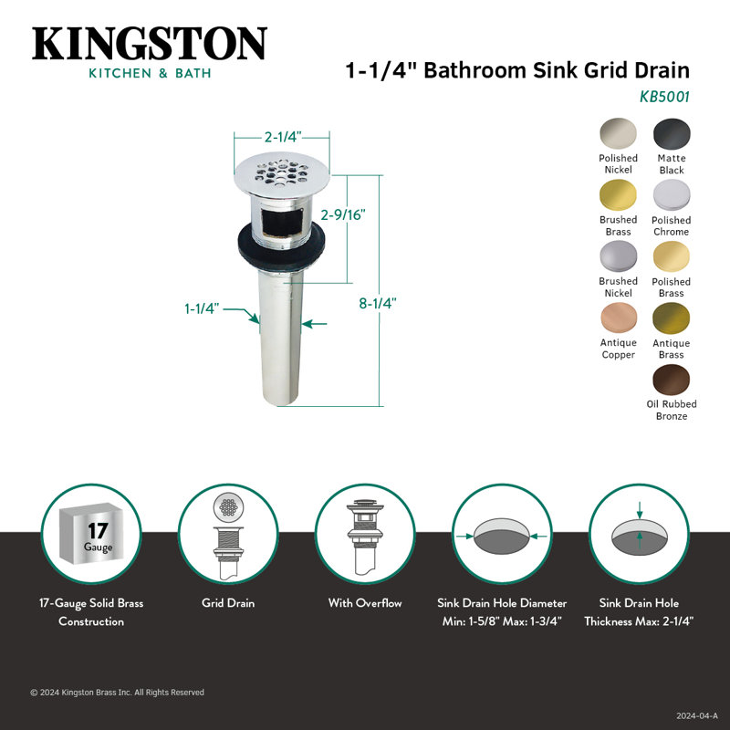 Kingston Brass Trimscape Brass Grid Bathroom Sink Drain with Overflow, 17 Gauge, Polished Chrome