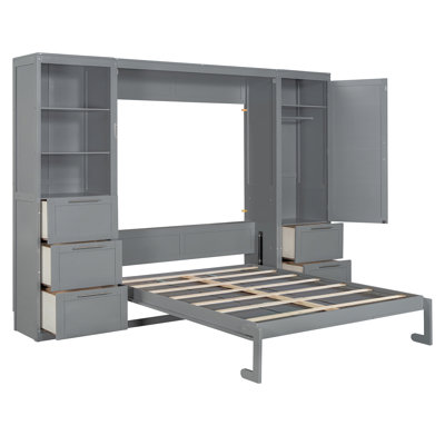 Queen Size Murphy Wall Bed with Closet Drawers & Shelves Space Saving Multifunctional Bedroom Furniture
