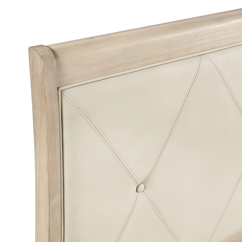 Structure de lit grand beige à finition classique avec bouton et tête de lit tapissier en similicuir
