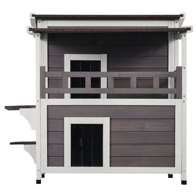 Abri pour chat extérieur en bois avec balcon et toit