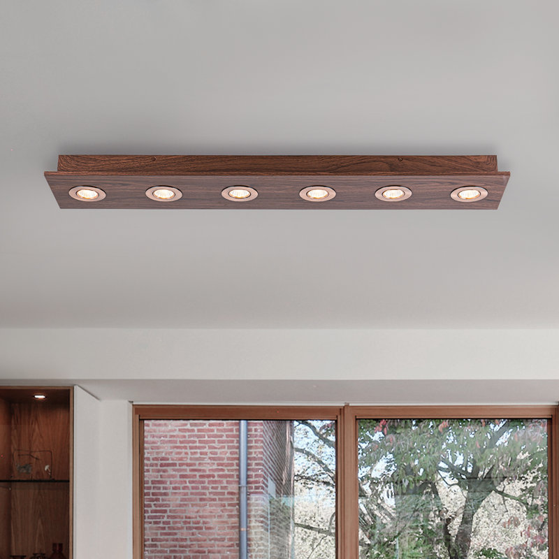 6-Light Rectangle Walnut Wood Rotatable LED Flush Mount Spotlight