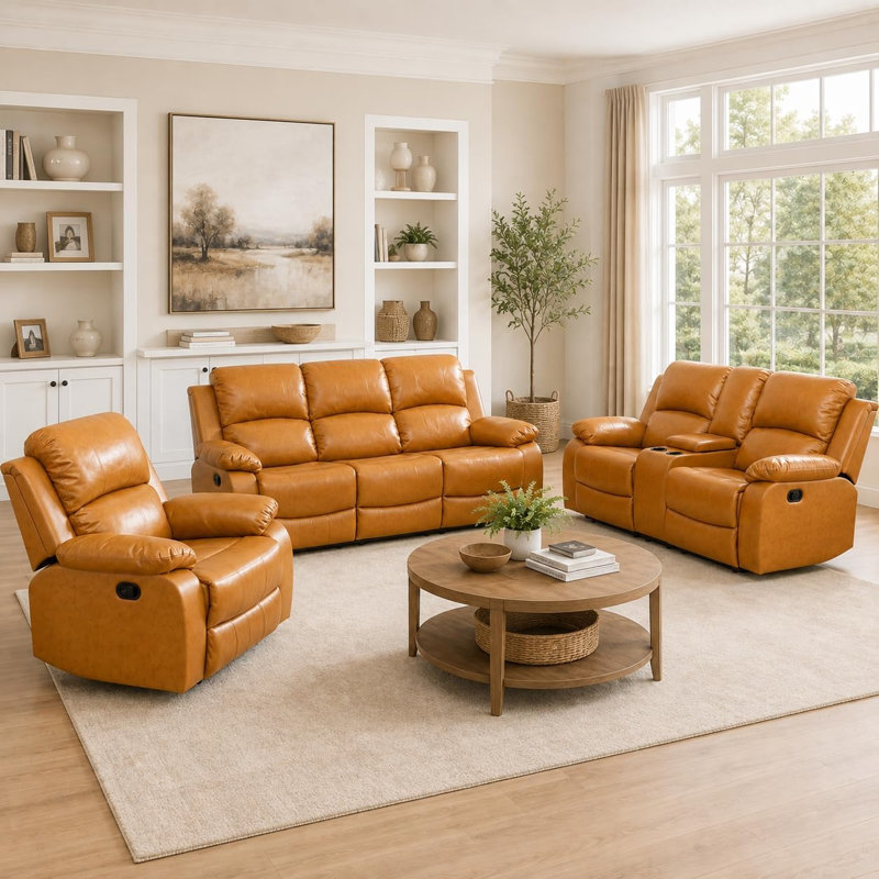 Ensemble de canapé inclinable manuel avec table rabattable, ensembles de canapé inclinables en cuir brun 3 pièces, ensembles de meubles de salon, canapé inclinable avec console de rangement