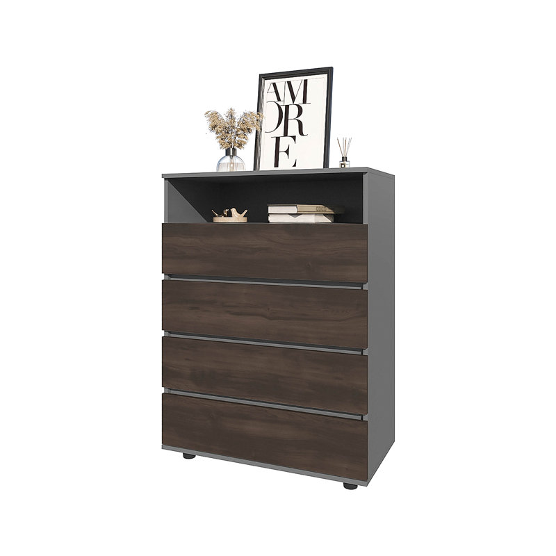 Commode 4 tiroirs avec tablette ouverte, Gris