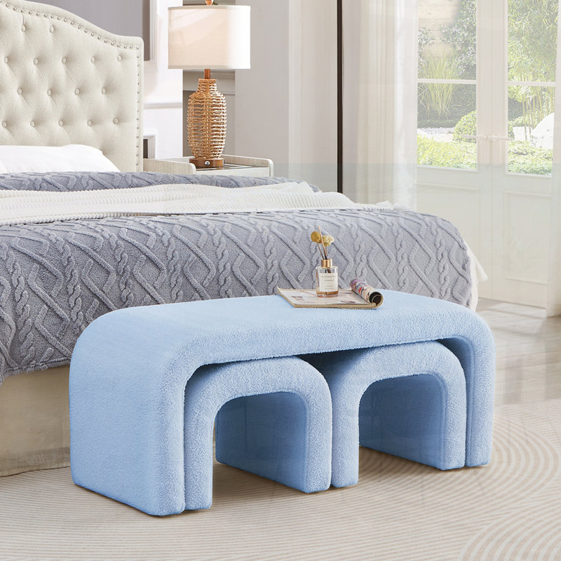 Set of 3 U-Shaped Modern Teddy Ottoman Benches for Entryway, Bedroom, and Living Room Extra Seating, Light Blue