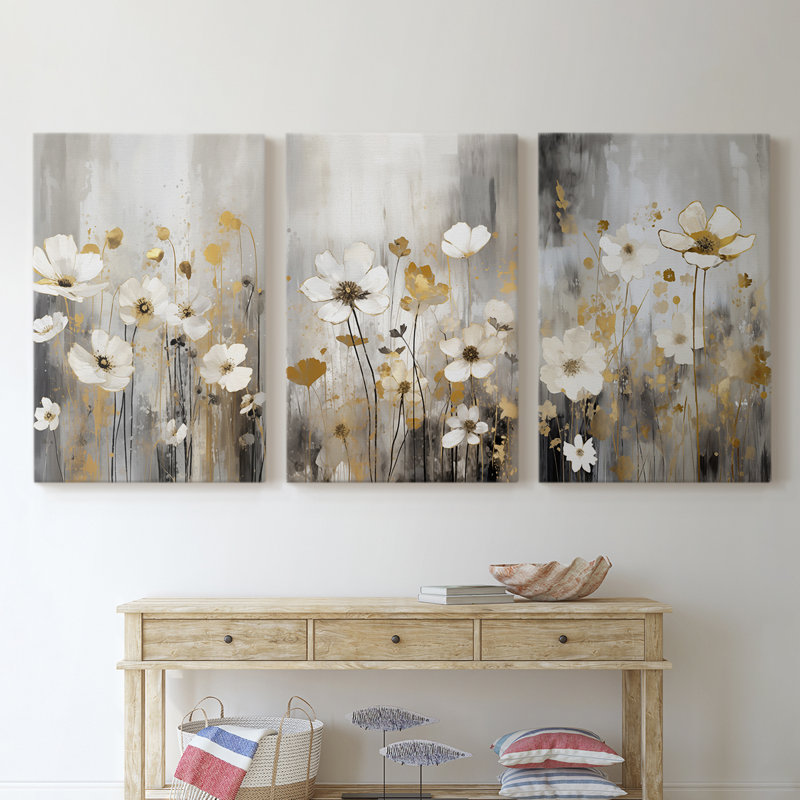 Étude florale CXL - Ensemble de 3 toiles tendues avec châssis - Prêt à être accroché, H 27 po x l 18 po