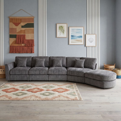 Modern 5-Seater Chenille Curved Modular Sectional Sofa with Removable Cushions and 4 Throw Pillow