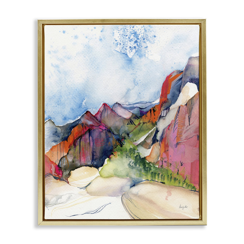  «Desert Days Abstraction Floater», art mural sur toile par Kristy riz, H 31 po x l 25 po, Cadre flottant métallique doré