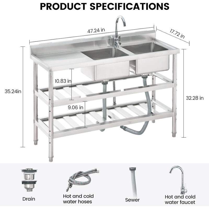 47 Inch Stainless Steel Utility Sink,Kitchen Free Standing Double Bowl Commercial Sink with Faucet, Cold & Hot Water Pipe, Storage Shelf and Drain Kit, for Kitchen, Bathroom, Laundry Room, Garage