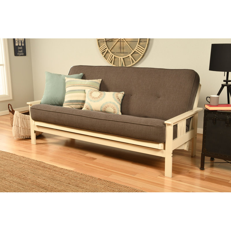 Johnte Full-Size Futon Frame and Full-Size Innerspring Mattress, Antique White, Linen Cocoa, Premium Pocket Coil