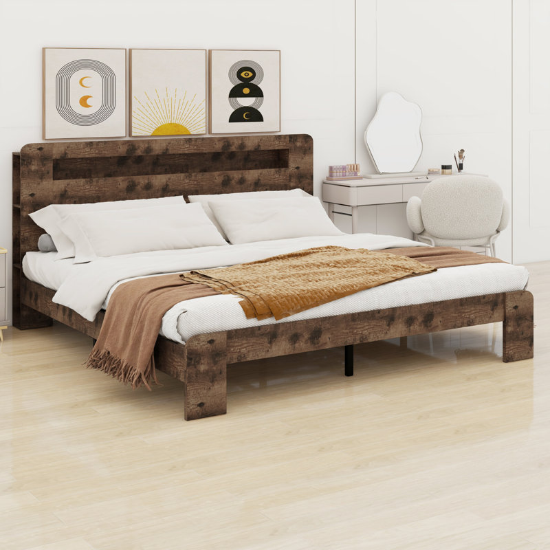 Lit avec rangement et tête de lit à DEL, 2 ports USB et rangement sous le lit, Très grand