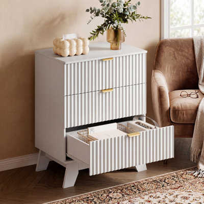 Fluted 3 -Drawers Dresser For Bedroom With Dresser Organizer, 23.6''W Wood Wide Chest of Drawers ,Nightstand