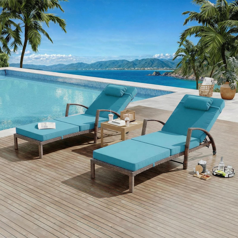 2-Piece Rattan Patio Folding Chaise Lounge, 5-Position Adjustable Backrest Outdoor Lounge Chair with Cushion and Pillow for Poolside, Backyard, Deck, Porch, Blue