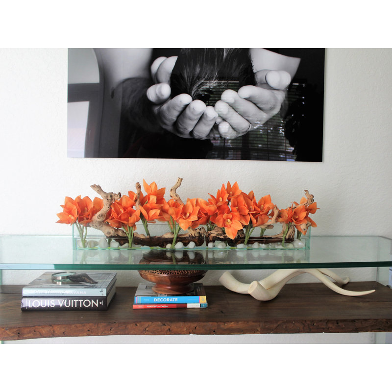 Driftwood Cymbidium Orchids Centerpiece in Glass Planter, Orange, 8" H x 48" W x 6" D