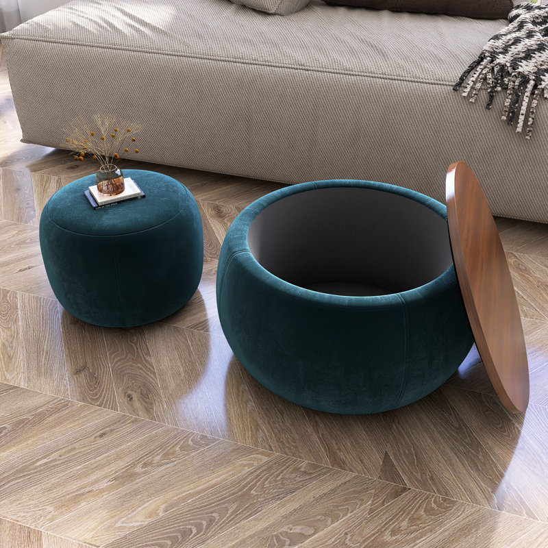 Round Storage End Table With Small Seat, Brown, Dark Blue