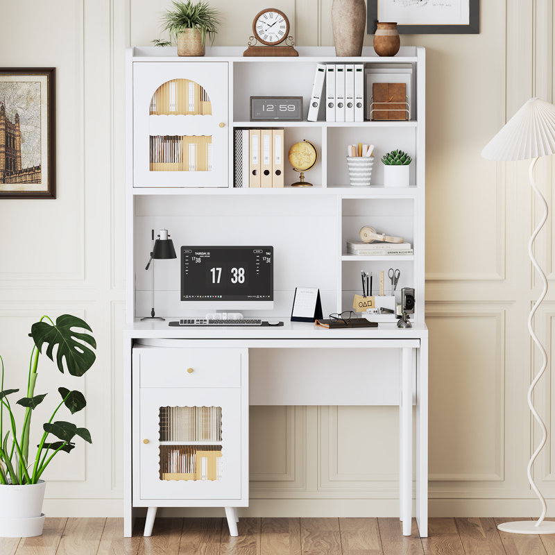 Rotating Computer Desk 90° With Storage Drawer & Cabinets, 43X70 Inch Office, Gaming, Writing Desk For Home, White