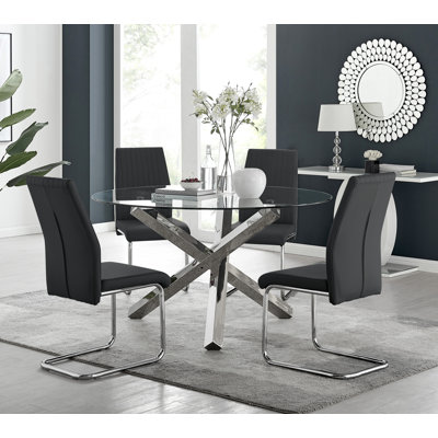 Vogo Modern Design Chrome and Glass Dining Table Set with 6 Upholstered Faux Leather Dining Chairs