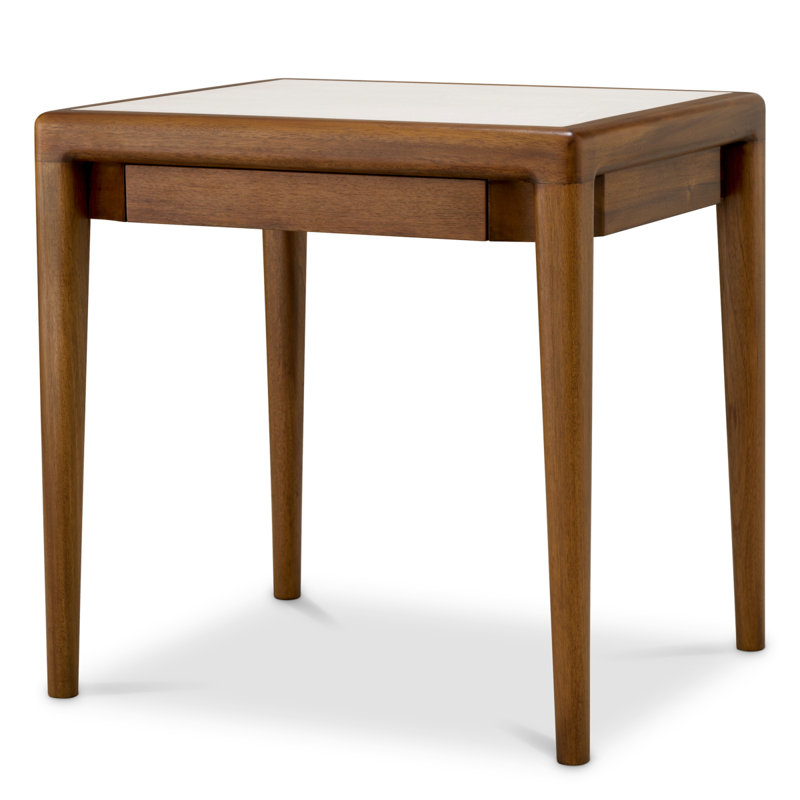 Side Table Hensley Square Mahogany Wood Caramel Finish Beige Marble
