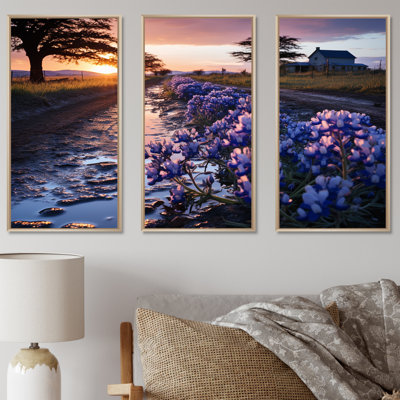 Ensemble de salon mauve à champ mauve avec coucher de soleil - Bonnets bleus