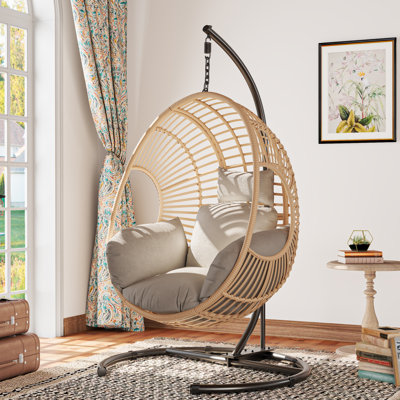 42" Extra Wide Hanging Egg Chair With Stand, 400 Lbs Capacity, Pe Rattan, Cushion Included, For Patio Or Balcony