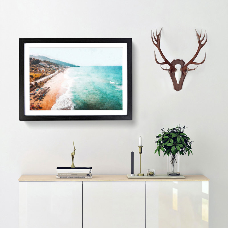 Beach & Seascape In Greece - Picture Frame Painting, 45cm H x 63cm W x 2cm D, Black