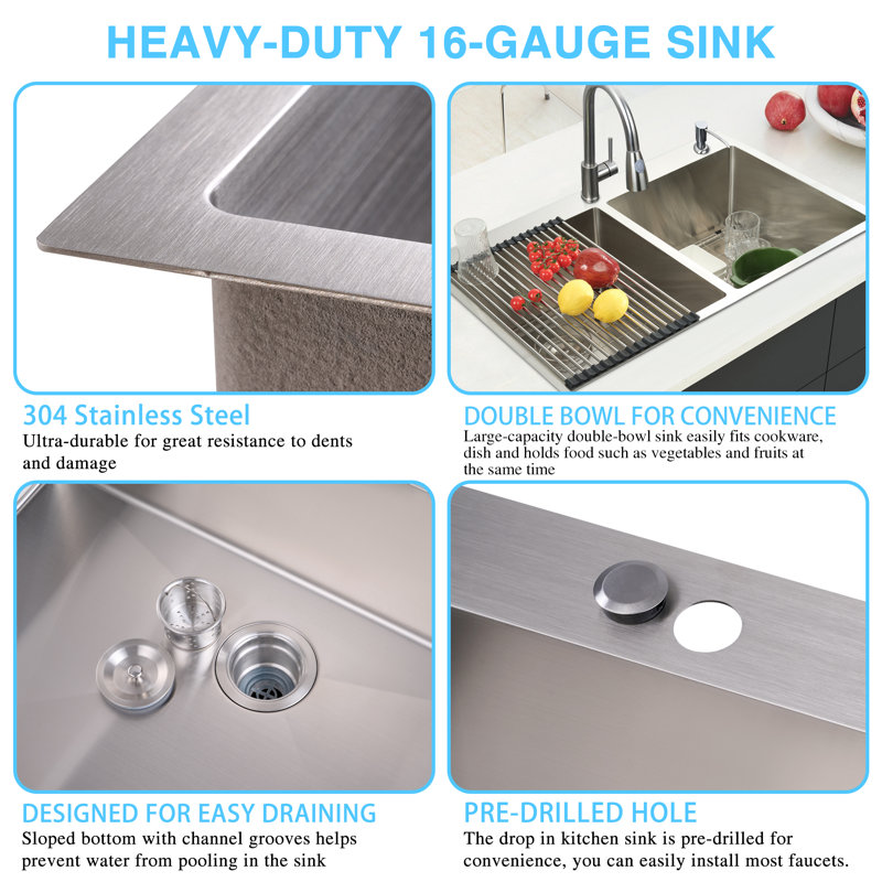 33 in. Drop-In/Undermount Double Bowl 16 Gauge 304 Stainless Steel Kitchen Sink with Accessories, Brushed Stainless Steel