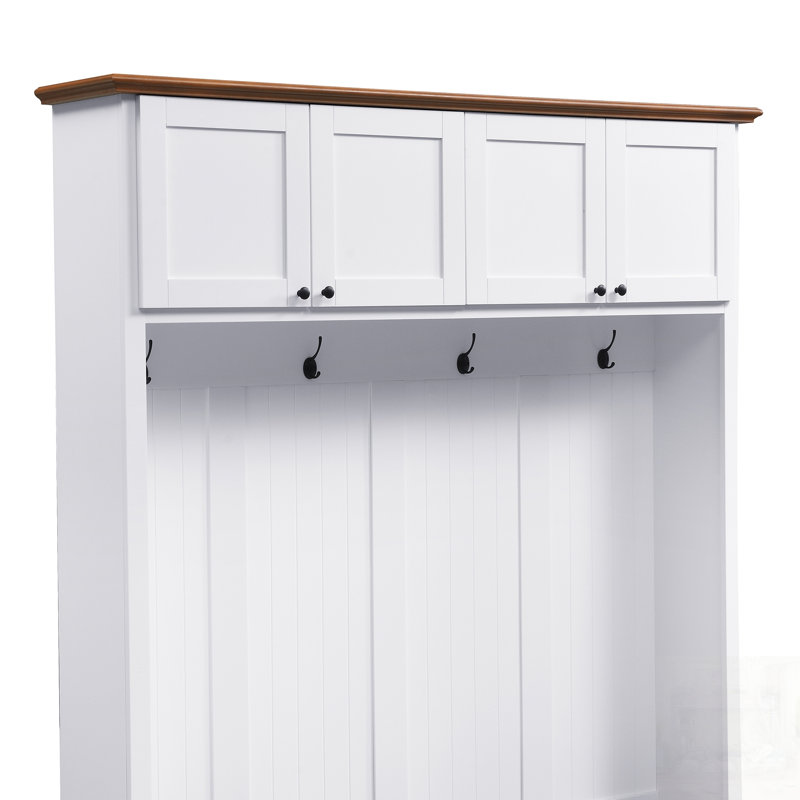 Entryway Hall Tree With Bench And Storage, Farmhouse Wood-Grain Accent For Organized Living, White
