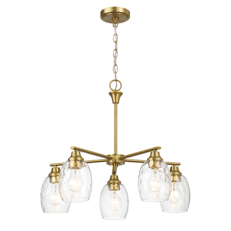 Elegance Five Lights Linear Arms with Golden Brass Finish Chain Chandelier 24"W 24.1"D 8.5"H with Clear Water Glass