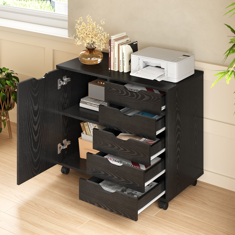 Crandon 31'' W 5-Drawer Mobile File Cabinet With Wheels And Door Storage, Wood Filing Cabinet With Adjustable Shelf, Printer Stand Organizer With Spacious Drawers for Home Office