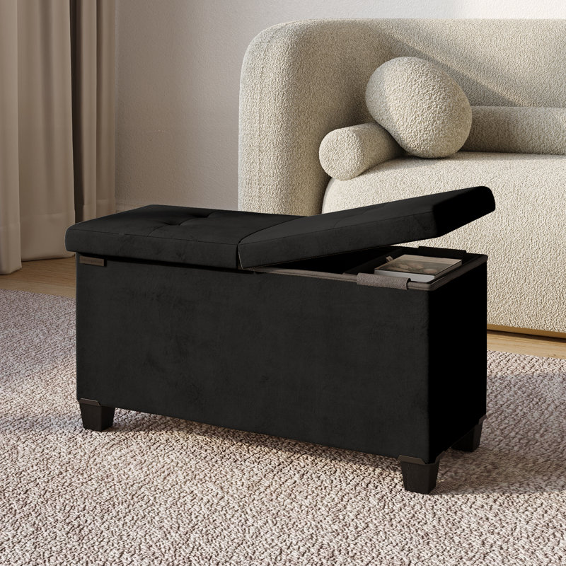 Banc repose-pieds en velours avec rangement amovible Nestl, H 15 po x l 30 po x P 15 po, Noir