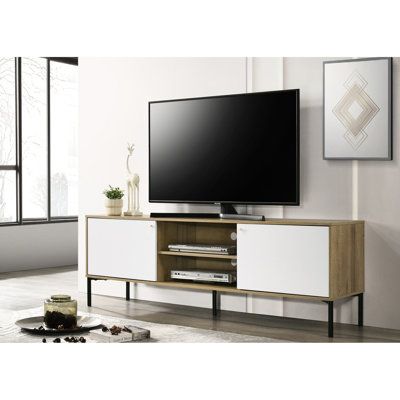 70"W Tv Stand In White And Oak With Adjustable Shelving Cable Management 2-Door Oak, Shelf Tidy